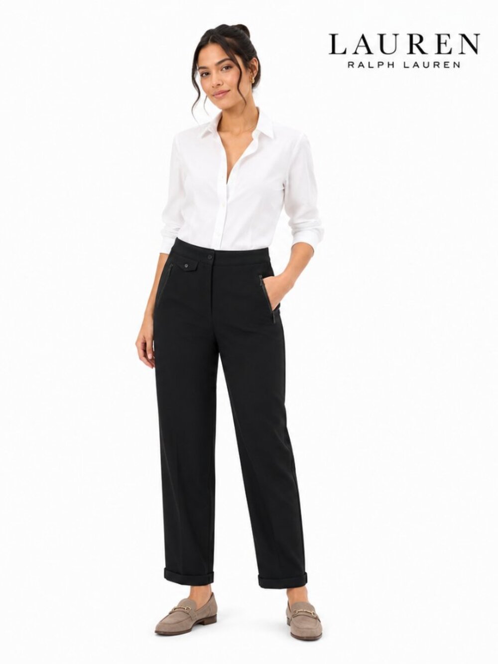 Lauren Ralph Lauren Petite Black Wool Blend Cuffed Straight Leg Dress Pants 6P